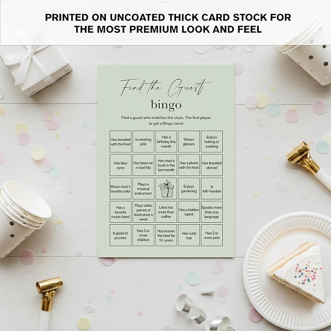 Find The Guest Bingo Cards – 25 Unique Cards, Icebreaker Party Games for Adults, Rustic Sage Green Mingle Activity for Birthday Parties, Family Reunions, Office Events & Friendsgiving