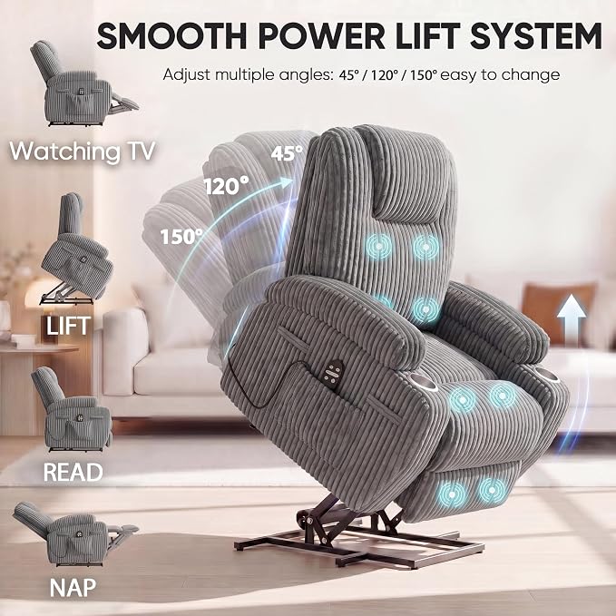 Flamaker Power Lift Chair Massage Recliner Chairs for Elderly | Ergonomic Lift Recliner Design with Cup Holders & Side Pockets, Remote Control (Corduroy, Dark Gray)