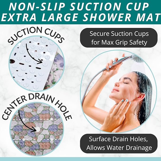 ENKOSI Square Shower Mat 27x27 inch - Anti Slip Shower Stall Floor Mat - Non Slip Shower Mats with Strong Secure Suction Cups and Drain Holes in Middle (27x27 Stone Path)