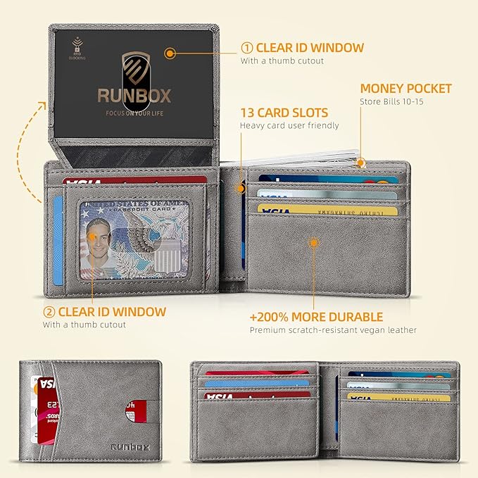 RUNBOX Wallet for Men -Slim Rfid Leather Mens Bifold Novelty Wallets 2 ID Window With Gift Box Men's Accessories | Minimalist Front Pocket Design, Holds 15 Cards, Large Capacity with Cash Pocket,Compact and Thin, Birthday Gifts for Men