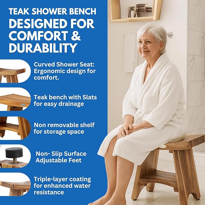 EcoDecors Serenity Teak Shower Bench,18 Inch, Natural Finish + Loveable 24 oz Teak Oil + Loveable 32 oz Teak Cleaner Spray Bottle
