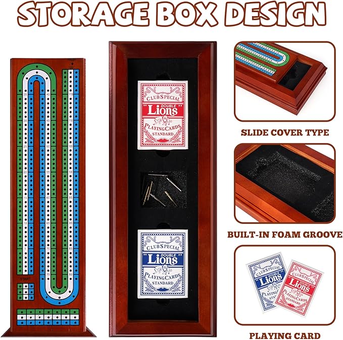 Wooden Cribbage Board Game Set with Cards and Metal Pegs, 3 Track Cribbage Board with Storage Drawer, Portable Travel Cribbage Set for Adults, Families, Seniors, Camping & Game Night