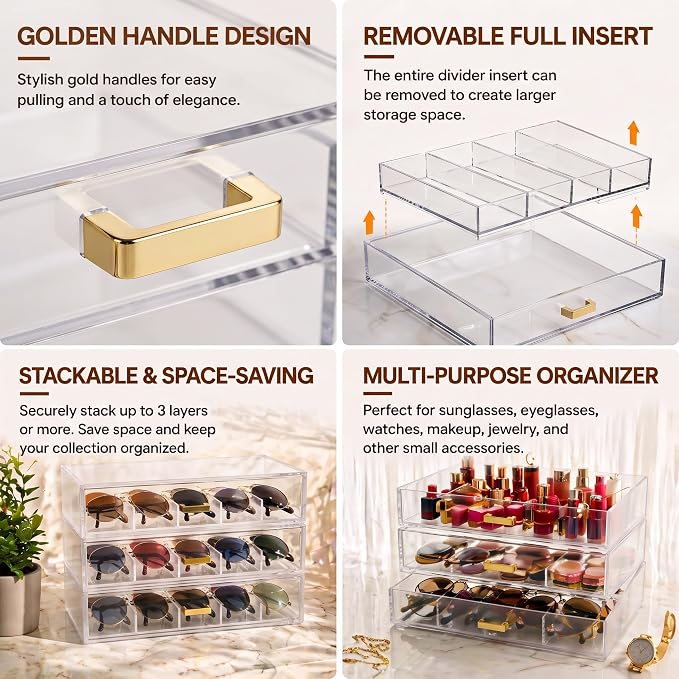 LALOBLUE Clear Acrylic Sunglasses Organizer, Stackable Eyeglass Storage Case with Gold Handles, Glasses Display Holder