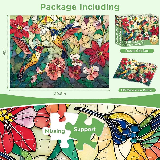 500 Pieces Puzzle for Adults - Vintage Paint Hummingbird Flower Puzzles - Stained Glass Birds Puzzle 500 Piece with Letters on Back Dust-Free,Fun Family Game,Gift for Men Women Seniors 20.5 x 15 in