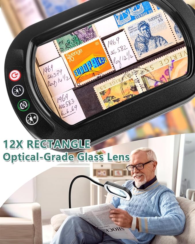 12X Rectangle Magnifying Glass with Light and Stand, 24" Flexible Gooseneck 3-in-1 Floor Lamp, 5 Color Modes Stepless Dimmable, LED Lighted Hands Free Magnifier for Reading Crafts Painting Close Work