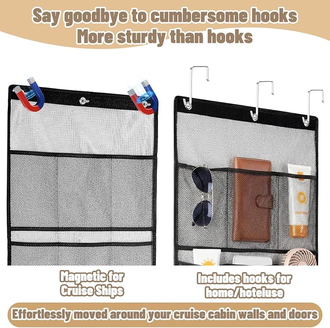 Hushee Magnetic Cruise Shower Organizer over The Door Organizer for Cruise Ships Essentials 2026 Magnetic Door Mesh Hanging with 10 Pocket 4 Large Shoe Rack Storage for Bathroom Cabin Closets(Black)