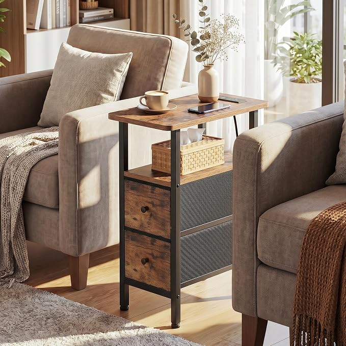 Narrow End Table with Charging Station, Small Nightstand | Skinny Side Tables Living Room with 2 Fabric Drawers, Slim Bedside Table for Bedroom, Small Spaces, Couch, Brown
