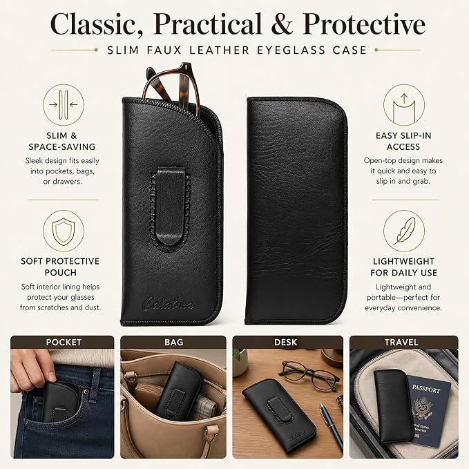 Calabria Slim Eye Glasses Case w/Clip Soft PU Leather Black Men Women Eyeglasses Pouch Slip-In Eyewear Holder Sunglass Bag - 50PACK