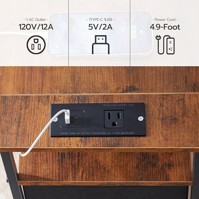 HOOBRO End Table with Charging Station, Set of 2 Narrow Side Tables, Nightstand with 2 Non-Woven Drawers, Slim Sofa Table, for Small Spaces, Living Room, Bedroom, Rustic Brown and Black BF486UBZP201