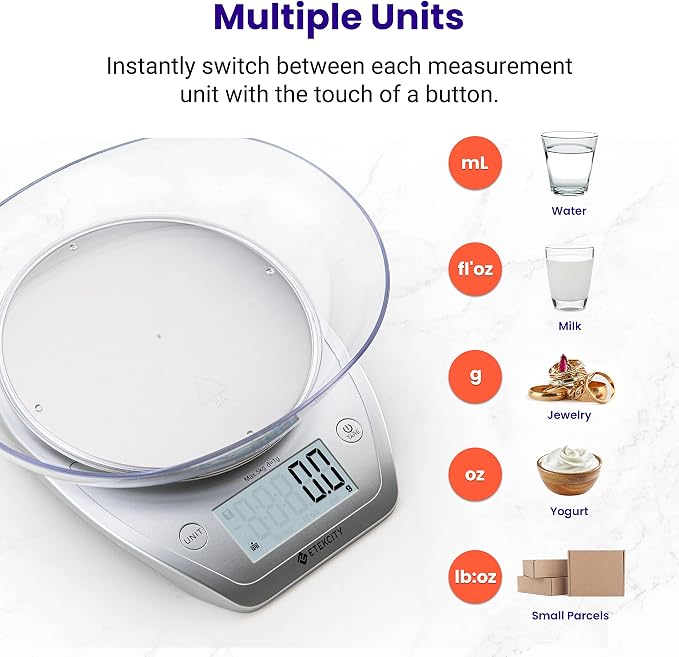 Etekcity 0.1g Food Kitchen Scale,Bowl,Digital Grams and Ounces for Weight Loss,Dieting,Baking,Cooking,and Meal Prep,11lb/5kg,Stainless Steel Silver,(Pack of 12)