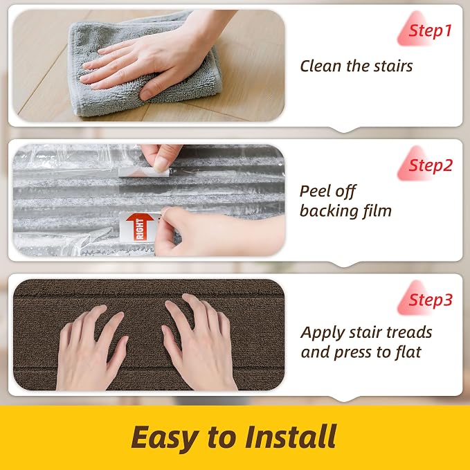 JSEI Stair Treads for Wooden Steps Indoor, 4-Pack, 30" x 8", Brown | Non Slip Stair Treads, Washable Polyester Stair Mats with TPE Backing, Low Profile Stair Rugs for Kids, Seniors and Dogs