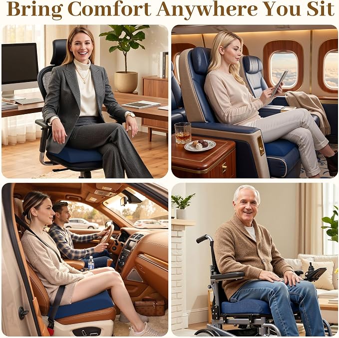 TranquilRelax XL Memory Foam Seat Cushion for Office Chair, 3.35-Inch, Blue | Medium-firm Support for Long Sitting, Washable Mesh Cover, Non-slip Base, Perfect for Car Seats & Short Drivers