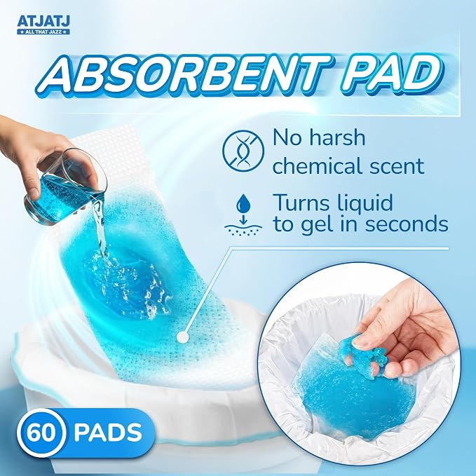 60 Packs Commode Liners With 60 Absorbent Pads, Leak-Proof Disposable Toilet Bags for Adults, Fits All Bedside Toilet Chairs Bucket, Portable Potty Liners for Home Medical Use, No Mess Cleanup
