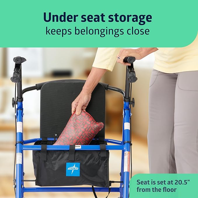 Medline Steel Rollator Walker for Adult Mobility Impairment, Blue, 350 lb. Weight Capacity, 8” Wheels, Foldable, Adjustable Handles, Rolling Walker for Seniors