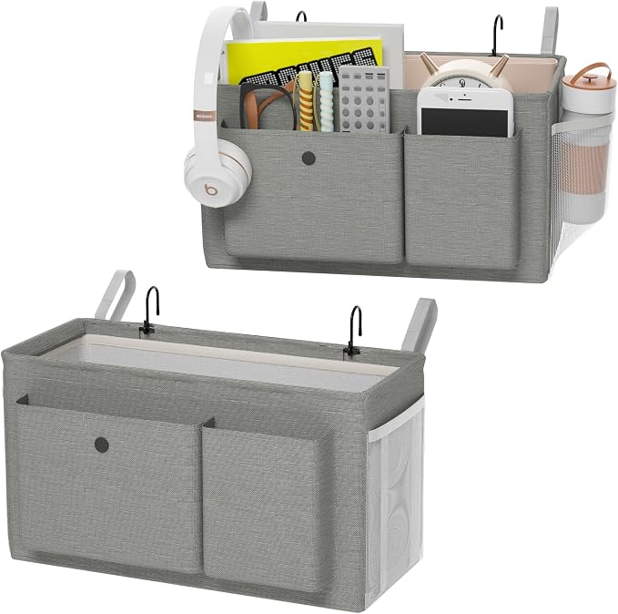 Bedside Caddy Bedside Storage Hanging Organizer for Bunk Dorm Bed Rail | Bed Caddy with Hooks, Top Bunks and Dorm Essentials for Water, Tissues, Tablets, Books, Phones, Remotes and Other Necessories