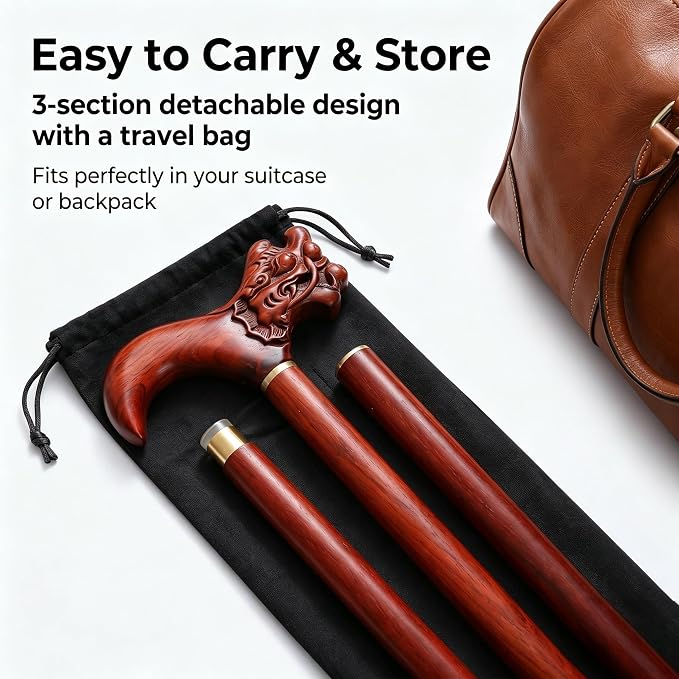 Handcrafted Solid Wood Walking Cane, 3-Section Detachable Brass Joints, Heavy Duty 400+ lbs Support, Lightweight 0.88 lbs, Anti-Slip Rubber Tip, 34.6 in
