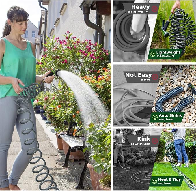Coil Hose 25FT EVA Coil Garden Hose With 3/4'' Brass Connector Coiled Water Hose Lightweight And No Kink Includes 7 Patterns Spray Nozzle For Outdoors Lawn Watering Car Washing