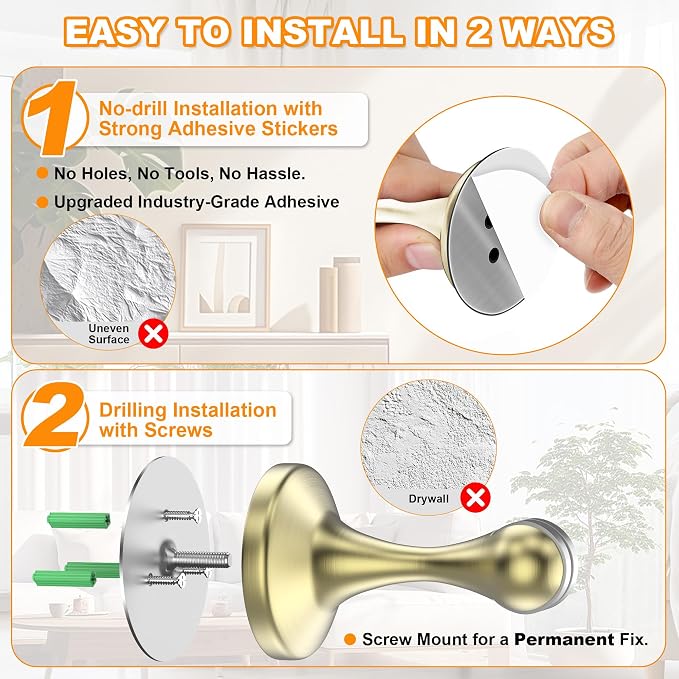Crosize Magnetic Door Stoppers 6 Pack, Stainless Steel Door Stops for Wall and Floor Mounting, Gate Stops, No Drilling Metal Doorstops with Adhesive Tapes, Gold