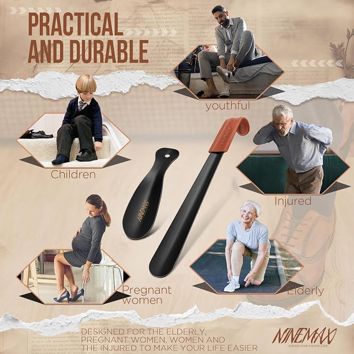 NINEMAX Shoe Horn, Long Handle for Seniors | Metal Build, Easy Shoe Wearing, No Bending, Ideal for Boots, Sneakers and Everyday Use