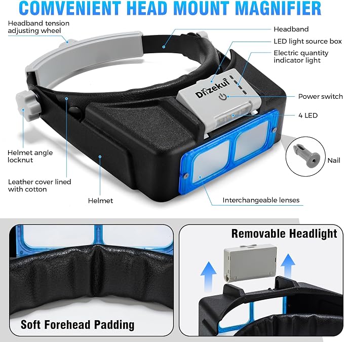 Dilzekui Rechargeable Magnifying Glasses for Close Work 1.5X to 3.5X Lenses | with Adjustable Light, Opitcal Arylic Lens, Lightweight Magnify Headset, Handsfree Head Magnifier for Jewelers Hobbies Crafts