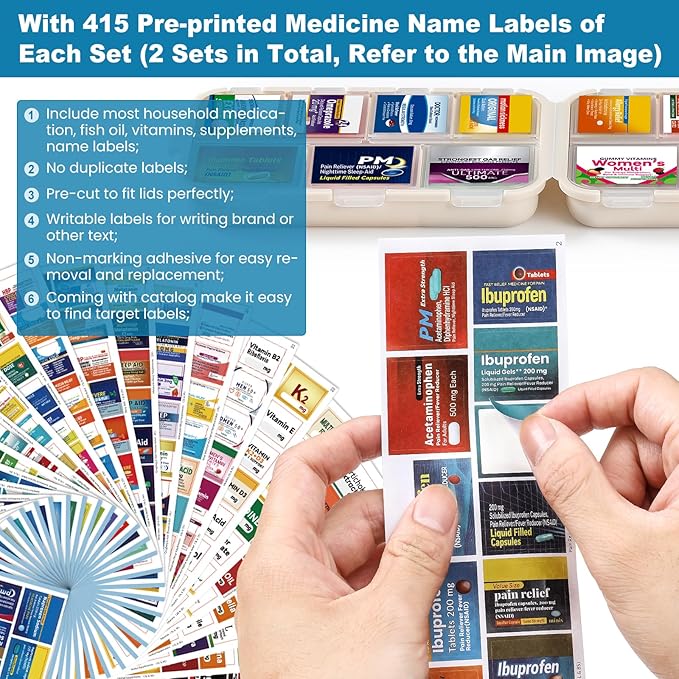 4 Pack 14 Grids Travel Pill Organizer Box with 830-Pcs(2 Set) Medicine Name Labels - Pocket Daily Pharmacy Case Container Kit - Travel Medication Holder Dispenser for Fish Oil Vitamin Supplement