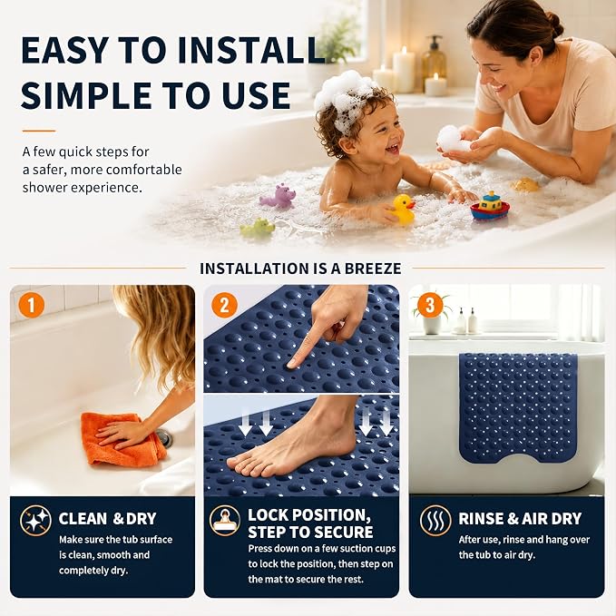 Yimobra Non Slip Bathtub Mat 40 x 16 Inch, Extra Long Shower Mat with Drain Holes, Machine Washable Baby Bath Mats, Strong Suction Cups for Bathroom Floor, Navy Blue