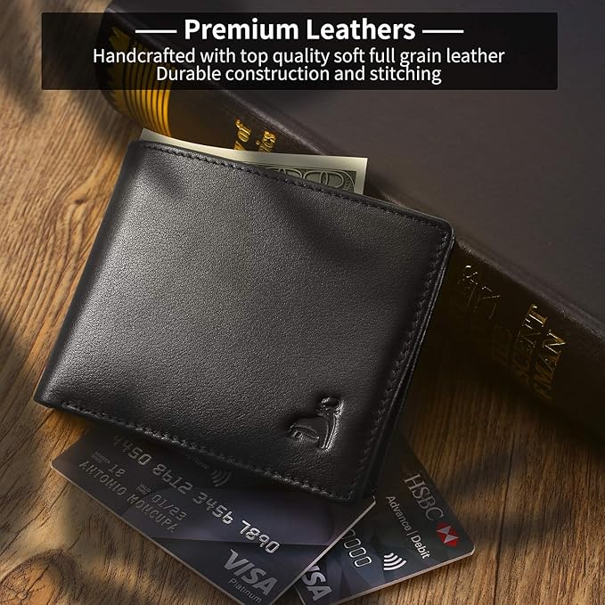 Slim RFID Blocking Leather Wallet for Men, Front Pocket Bifold Wallet with Zipper Coin Pocket and 2 ID Windows, Credit Card Holder