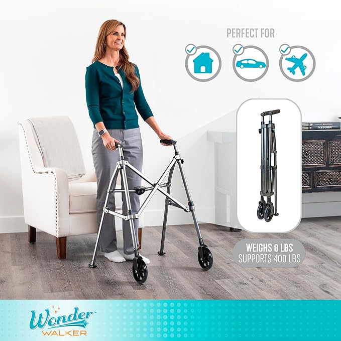 Stander Space Saver Walker, Lightweight Folding Rolling Mobility Aid for Seniors & Adults, Compact 2-Wheel Disability Device with 6-inch Wheels & Ski Glides for Walking Support, Vivid White