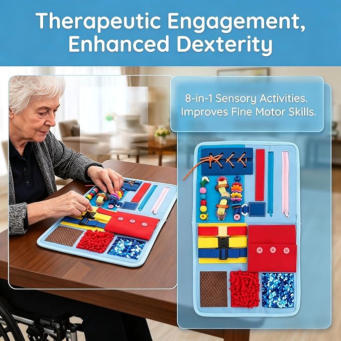 Fidget Blanket for Adults with Dementia Alzheimer's, 8-in-1 Sensory Motor Aids, Busy Blanket for Autism Anxiety, Calming Therapeutic Tool, Fine Motor Activity Mat, Washable Portable