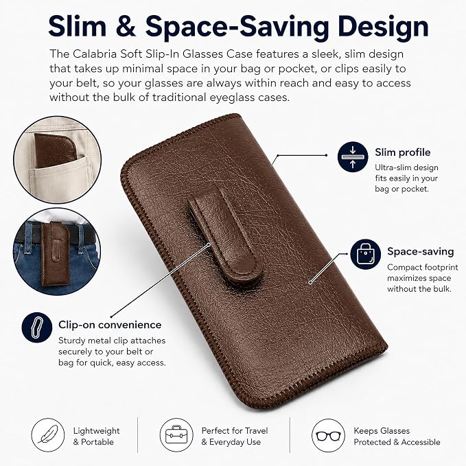Calabria Soft Slip-In Glasses Case Pocket Metal Clip Brown (3 Pack) for Men/Women Synthetic Leather Felt Lining 6.5"x3"