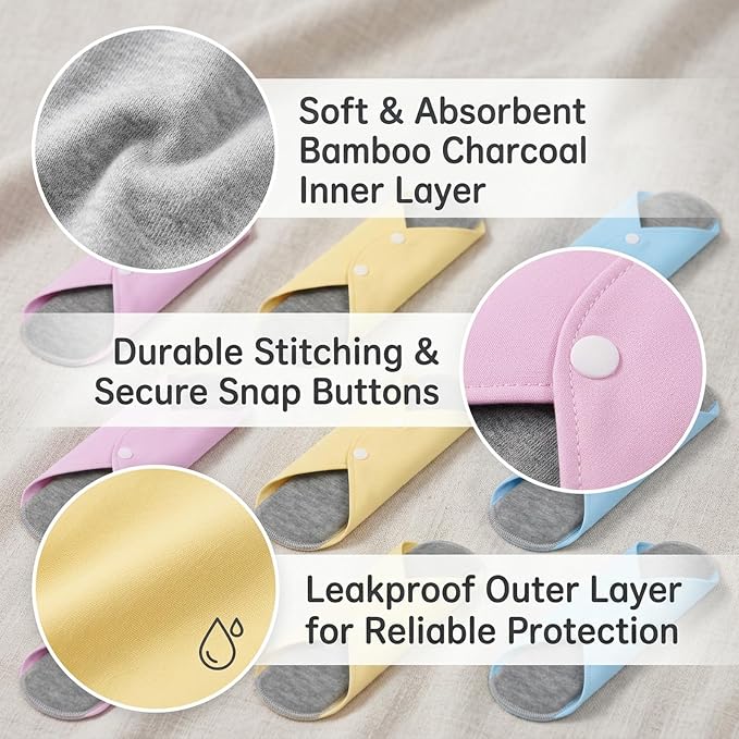 12 PCS Reusable Incontinence Pads for Women, Washable Incontinence Pads for Daily Protection, Reusable Menstrual Pads for Overnight Leak Protection, Washable Pads with Mobility Support (Random Color)
