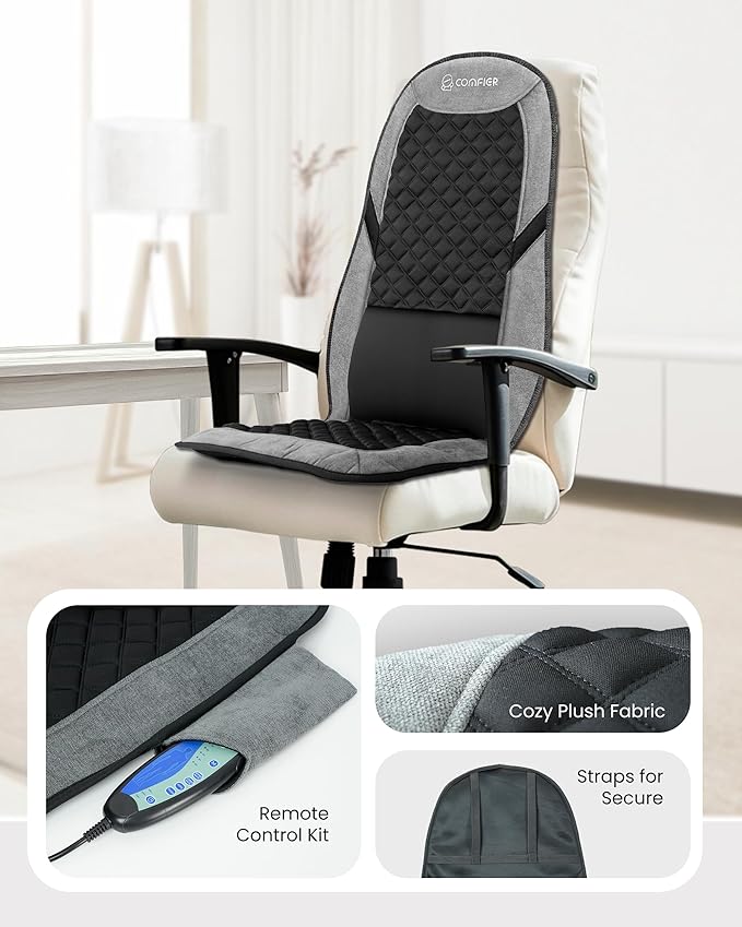 COMFIER Back Massager with Heat,Massage Chair Mat with Adjustable Lumbar Support,Seat Warmer Cushion with 8 Vibration Motors & 5 Modes & Bag,Office Chair Massage Pad for Recliner,Gifts for Mom Dad