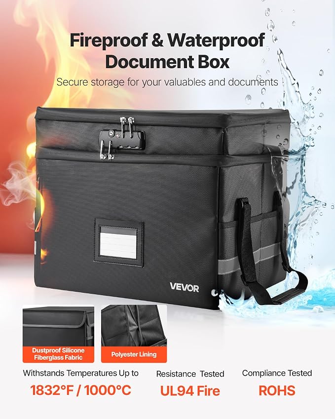 VEVOR Fireproof Document Box, 1832 ℉ Heat Insulated Fireproof & Waterproof Box with Lock, Portable Two-Layer File Storage Organizer Home Office Travel Use, for Passports, Important Documents, Files