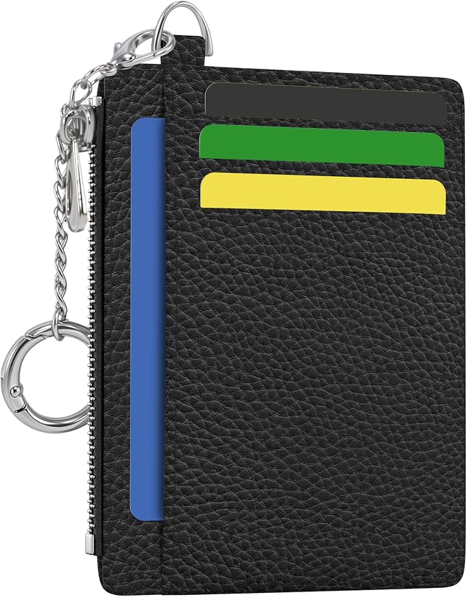 Hancynir Black Minimalist Small Wallet Women Credit Card Holder Slim RFID | Zipper Keychain Wallet, Key Chain, Travel Coin Front Pocket, Ladies Women Men Gifts, Thin Card Case, 6 Card Slots, PU Leather