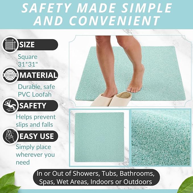 ENKOSI Square Shower Mat - Non Slip Shower Mats for Inside Shower - Extra Large 31x31 - Aqua Green