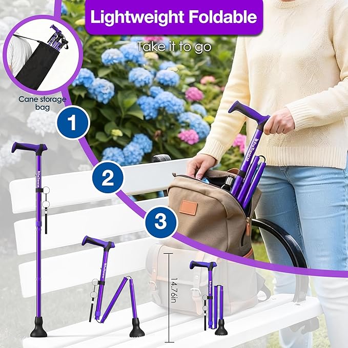 Walking Cane for Men & Women,Foldable,Adjustable,Self Standing Cane with Wrist Strap&Tag,350lbs Heavy Duty,All Terrain,Collapsible Walking Sticks for Seniors & Adults,Purple
