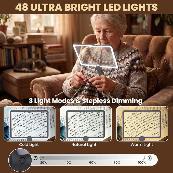 Neck Magnifying Glass with Light, 3-in-1 5X Magnification, 48 LEDs, Acrylic Lens, Adjustable Gooseneck, 3 Color Brightness Settings, Rechargeable, for Seniors Reading & Craft (Grey)
