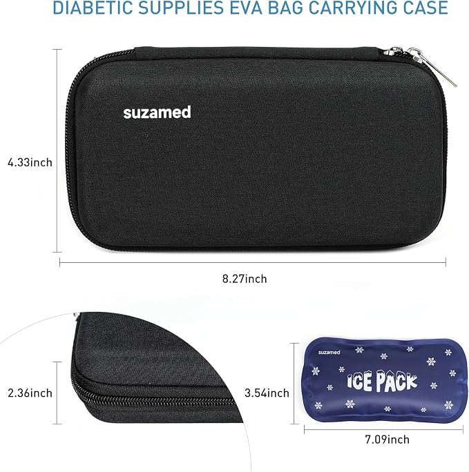 suzamed Insulin Cooler Travel Case,EVA Insulation Travel Medicine Kit with 2 Ice Packs for Diabetes Care,Insulin Pen and Other Diabetic Supplies (Black)