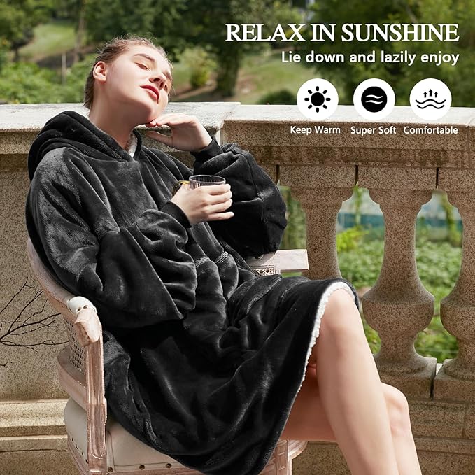 JOYWOO Black Foldable Wearable Blanket Hoodie,Oversized Cat Lovers Sweatshirt Blanket for Adult,Birthday Gifts for Men,Father,Boy,Cozy Fuzzy Sherpa Hooded Blanket with Giant Pocket and Winter Gifts