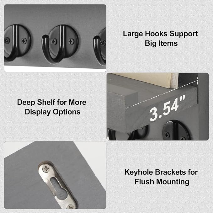 Lwenki Key Holder for Wall, Decorative Key and Mail Holder with Shelf Has Large Key Hooks for Bags, Coats, Umbrella – Paulownia Wood Key Hanger with Mounting Hardware (9.8”W x 6.7”H x 4.2”D)