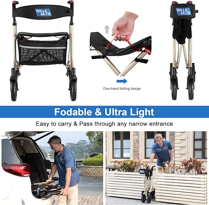 WALK MATE Rollator Walker for Seniors with Cup Holder, Upgraded Thumb Press Button for Height Adjustment, 4 x 8 Wheels Walker with Seat Padded Backrest Folding Lightweight Walking Aid, Gold