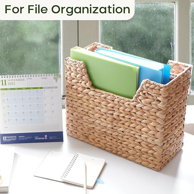 Wicker Magazine Basket, Handwoven Water Hyacinth Storage Bin & Organizer for Files, Books, Newspapers, Documents, Decorative Storage Bin with Handle for Office, Living Room, Dorm, Bathroom