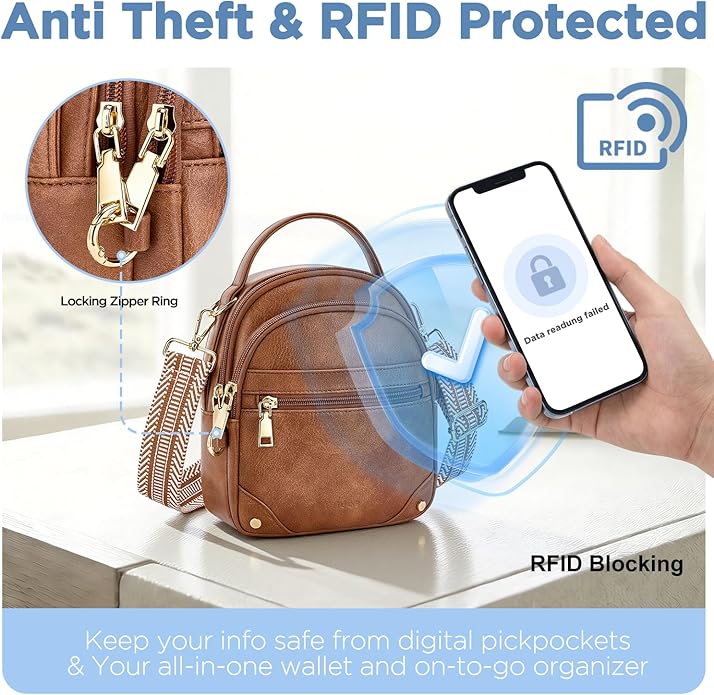 Anti Theft Crossbody Bag for Women RFID Small Purse Travel | Secure Crossbody Phone Purse with Handle, 5 RFID Slots, 7-Pocket Fits 7.9" Tablet, Adjustable Strap, Hands-Free Everyday