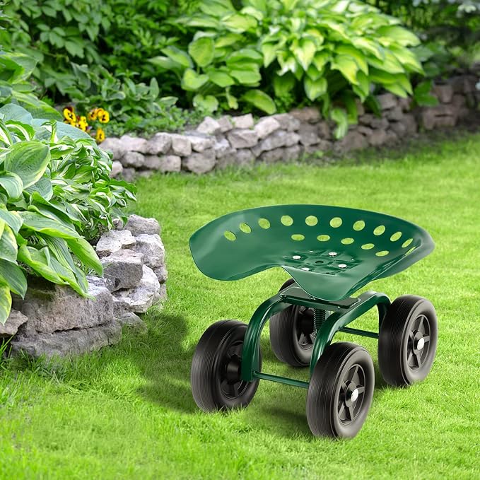 Garden Cart with Seat, Heavy-Duty Rolling Outdoor Wagon Scooter w/Height Adjustable & 360° Swivel Seat, Gardening Work Seat Stool, Patio Scooter on Wheels for Lawn Yard Planting (Green)
