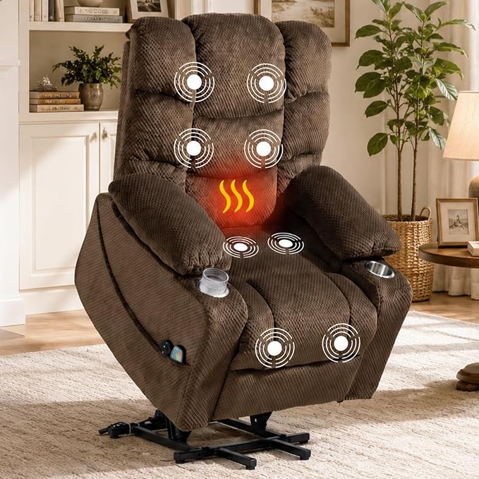 Ultra Wide Power Lift Recliner Chair for Elderly,Rotating Lounge Chair with Hot Massage Heating and Auxiliary Standing Function,Oversized Lazyboy Single Sofa with Cup Holder for Living Room (Brown)