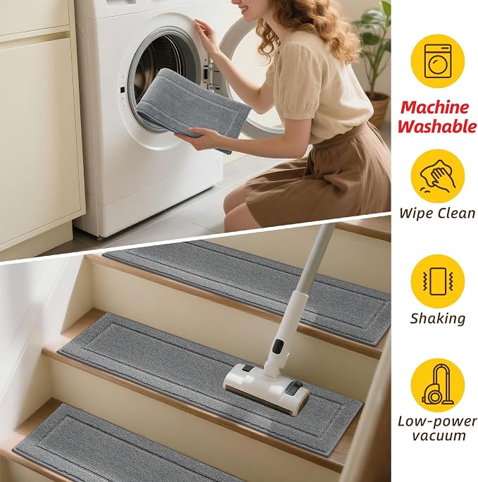 JSEI Stair Treads for Wooden Steps Indoor, 15-Pack, 30" x 8", Light Grey | Non Slip Stair Treads, Washable Polyester Stair Mats with TPE Backing, Low Profile Stair Rugs for Kids, Seniors and Dogs