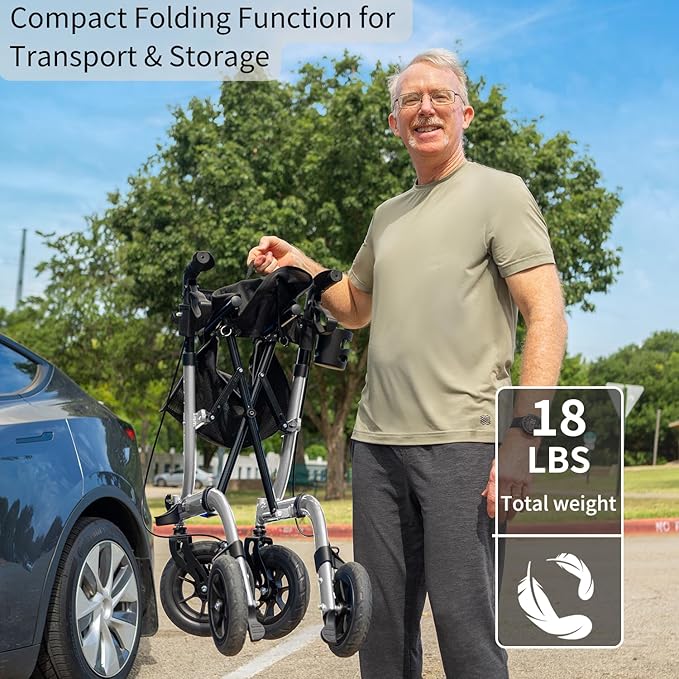 Rollator Walker for Seniors, Lightweight Foldable All Terrain Rolling Walker with seat, Aluminum Walkers with 10 inch Rubber Wheels, Handles and Backrest for Seniors and Adult