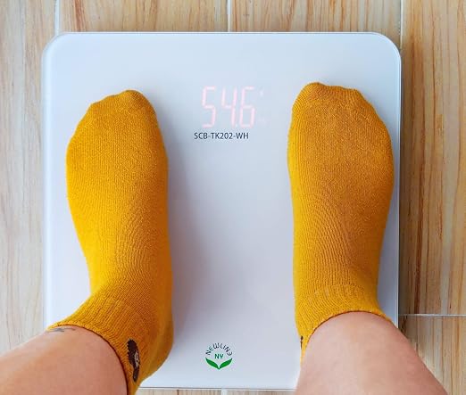NewlineNY Voice Talking Digital Bathroom Scale Easy Auto Step-on Auto Off Technology, White, Lb or Kg, 440lb Capacity