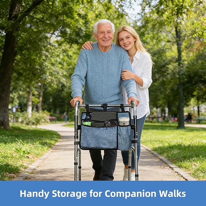 Dark Blue Walker Storage Bag with Cup Holder - Foldable Water Resistant Large Capacity Basket, Armrest Accessories for Folding Walkers Rollators Seniors Elderly Handicap