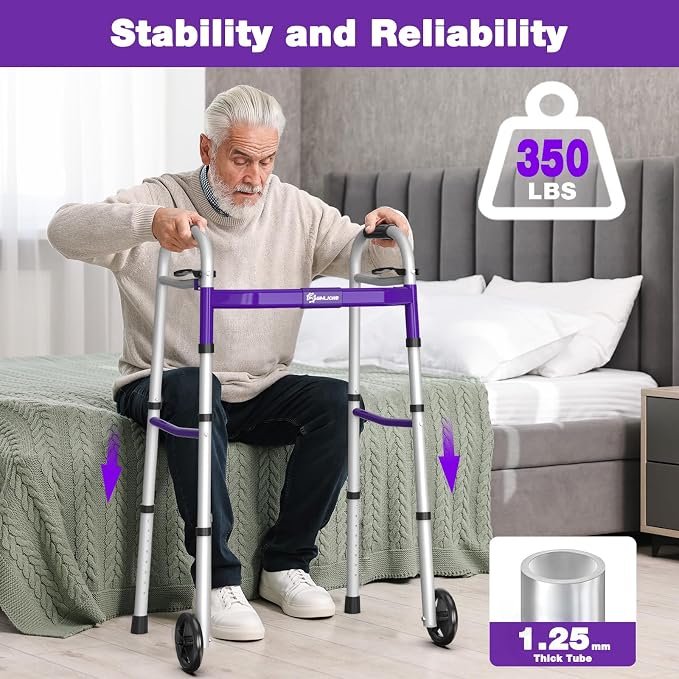 Whlicks Narrow Folding Walkers for Seniors,Aluminum Lightweight Walkers with Wheels, Adjustable Width and Height Front Wheel Walker for Elderly and Disabled, Supports up to 350 lbs